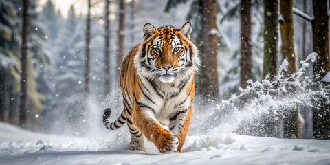 Obraz premium majestic tiger running through snowy forest, surrounded by tall trees and falling snowflakes, embodies beauty and power of wildlife in winter