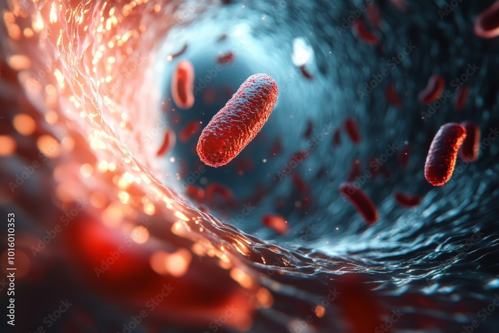 Poster A microscopic perspective showcasing red bacteria floating within a cellular tunnel, emphasizing the vibrant color and intricate detail of the organic environment.