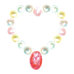 Pearl beads on the neck with pendant hand-painted in watercolor. Necklace with precious pearls are strung in heart shape and crystal red oval gem . Illustration drawn of mother-of-pearl sea pearls