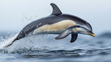Fototapeta premium A long-beaked common dolphin leaps out of the water, creating a spray of water droplets.