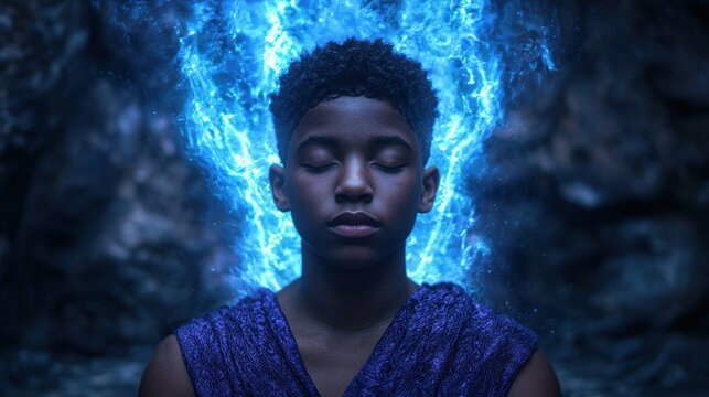 young man with eyes closed surrounded by blue energy
