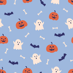Halloween seamless pattern. Cute background for Halloween party fabric or kids stuff. Pumpkin monsters, ghosts, bats and bones in cartoon flat style. Vector illustration 