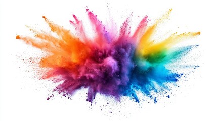 Colorful powder explosion on white background, vibrant hues burst and scatter, creating a dynamic and energetic visual effect, ideal for artistic and creative projects