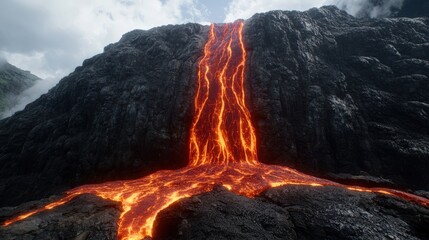 Dramatic volcanic eruption with fiery lava flow
