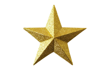 Gold glitter star with a three-dimensional design, isolated on a white background.