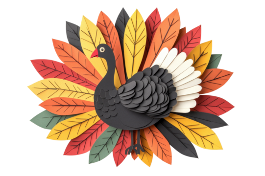 Die-Cut turkey surrounded by colorful autumn leaves, white isolated background