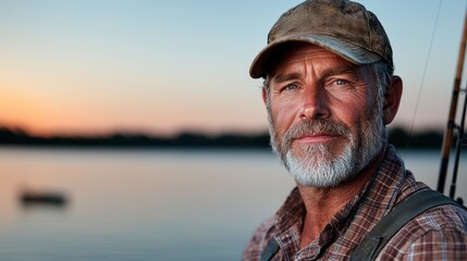 Weathered fisherman enjoying sunset by the lake