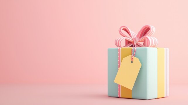 Isolated image of a colorful gift box with a sale tag attached, set against a pink pastel background, creating a festive yet minimalistic setting for promotional use