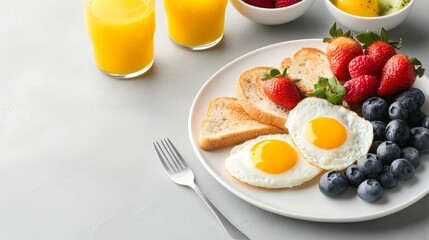 Delicious Breakfast with Fried Eggs, Toast, Berries and a Glass of Orange Juice