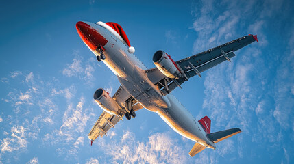 photo of red and white airplane with Santa Claus hat in blue sky, flight, air travel, christmas, new year, vacation, winter, xmas, plane, holiday, celebration, traveling