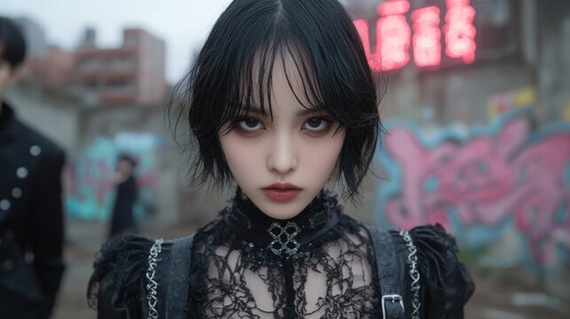 Mysterious woman with dark hair in urban setting