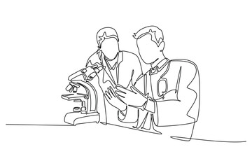 Continuous one line drawing couple scientist analyze blood sample using laboratory microscope to find covid19 vaccine. Medical research coronavirus. Single line draw design vector graphic illustration