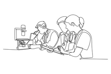 Continuous one line drawing group doctor analyze infected patient blood sample using laboratory microscope to find vaccine. Medical research team. Single line draw design vector graphic illustration
