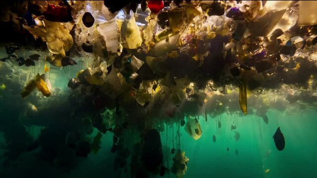 Environmental disaster concept. Plastic Island or Great Pacific Garbage Patch or Pacific Trash Vortex, consisting mainly of plastic, light metals and organic residues
