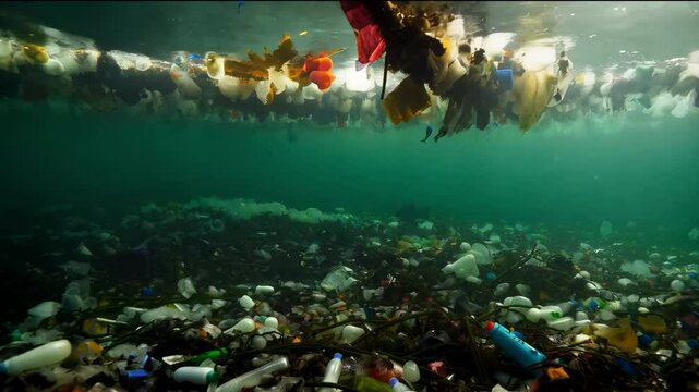 Environmental disaster concept. Plastic Island or Great Pacific Garbage Patch or Pacific Trash Vortex, consisting mainly of plastic, light metals and organic residues