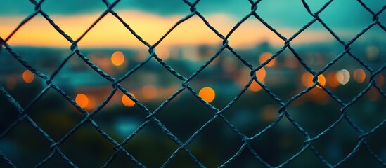 Fototapeta premium Blurred city lights seen through a wire fence.