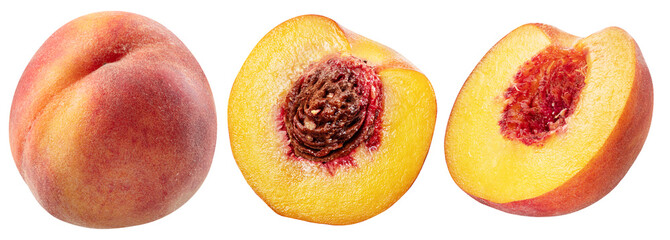 Set of ripe peach and peach slices on white background. File contains clipping paths.