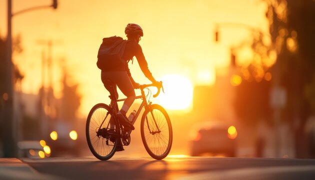 Silhouette of a Cyclist Riding at Sunset
