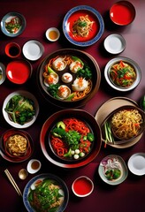 vibrant colorful chinese dishes artistically arranged beautifully styled settings garnished fresh ingredients traditional tableware, design, food, meal