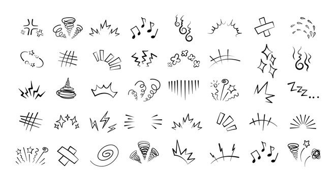Manga or anime comic emoticon element graphic effects hand drawn doodle vector illustration set isolated on white background. Line style manga doodle line expression scribble anime mark collection.