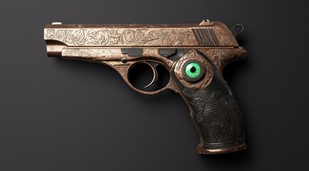 Ornate engraved handgun with green eye