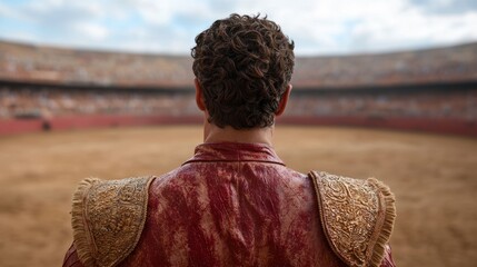 man in traditional bullfighter costume stands in arena