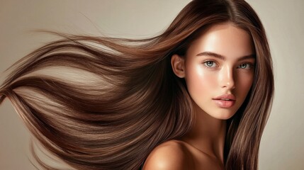 Fototapeta premium A young model posing with sleek, long brown hair that glows with health and shine. The smooth, straight texture of her hair reflects the light beautifully, creating a polished and glamorous look