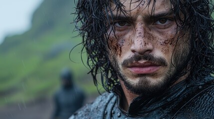 Rugged man with wet, disheveled hair and dirt on his face