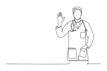 Single continuous line drawing male doctor giving warm welcome greeting or high five gesture to patients. Medical health care service workers. Dynamic one line draw graphic design vector illustration