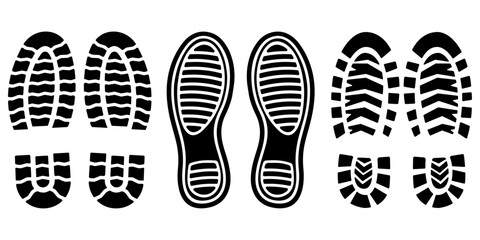A set of three types of shoe soles. Black pairs of shoe prints silhouettes.