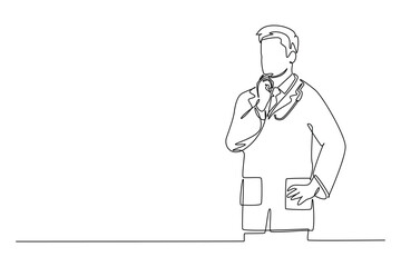 Single continuous line drawing male doctor pensive and thinking solution to cure patient with observation research vaccine. Medical innovation concept. One line draw graphic design vector illustration