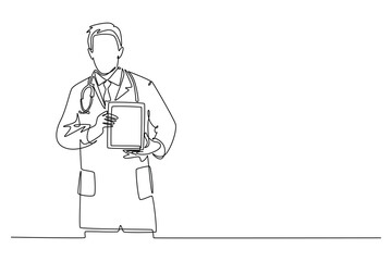 Single continuous line drawing of smart male doctor showing award about innovation technology to cure patient. Medical invention achievement concept. One line draw graphic design vector illustration