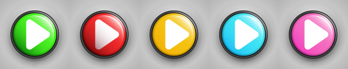 Colorful 3D Realistic Play Buttons: Stylish Colourful red, yellow, green, blue and purple Vector Sets for Modern Designs.