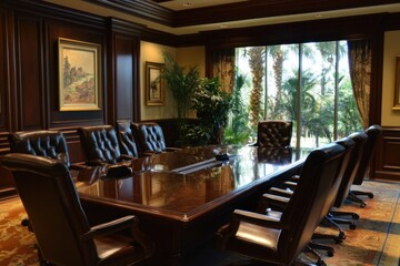 Fototapeta premium An elegant executive meeting room with dark wood furniture, premium seating, and state-of-the-art technology, designed for high-level decision-making.