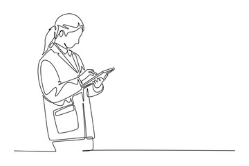 Single continuous line drawing female doctor standing and holding clipboard to checking medical record patient condition at hospital. Health care concept. One line graphic design vector illustration