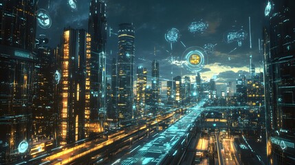 Naklejka premium Smart city digital world metaverse, 3D AI artificial intelligence robot engineer digital technology security power energy sustainable environment technology futuristic interface, 3D city interface. 