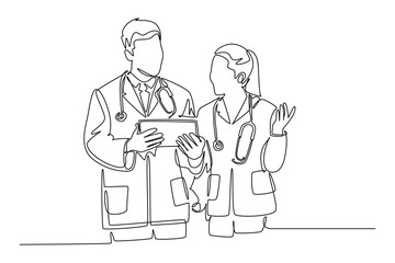 Single one line drawing couple doctor standing and discussing about health topic article on tablet. Male and female medical healthcare service. Continuous line draw design graphic vector illustration