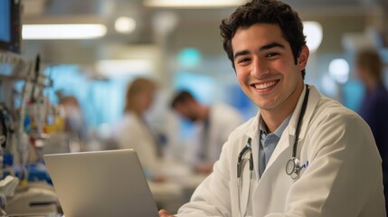 Fototapeta premium Doctor smiling confidently while working on laptop in modern hospital Surrounded by medical equipment It symbolizes the achievement of a discovery or advancement in patient care.