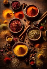vibrant array colorful spices artfully scattered across rustic textured wooden surface highlighting bounty, orange, yellow, green, brown, powder, herb