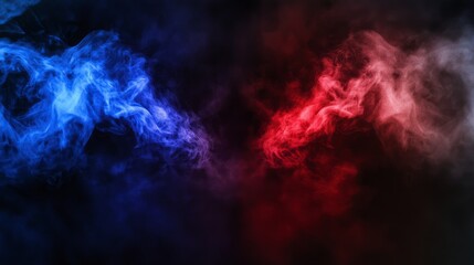 Dynamic blue vs red smoke effect background with abstract neon flame cloud and dust particles, representing cold versus hot concept for sports boxing competition and police digital banner design, feat