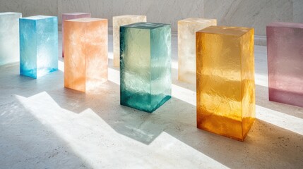 Colorful glass sculptures in an art gallery