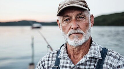 Weathered senior man with beard on boat at sunset