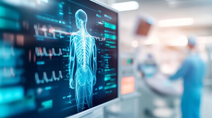 AI healthcare diagnostics, holographic patient data, futuristic medical setting