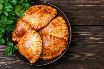 Freshly baked savory pastries on a wooden table