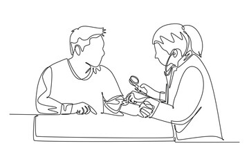 Single one line drawing female doctor check male patient blood pressure and pulse rate at hospital. Medical check up healthcare concept. Modern continuous line draw design graphic vector illustration