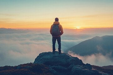 Fototapeta premium Amazing view of mountain range with male tourist on top of mountain in foreground. Concept of success or beauty of nature. Generated by artificial intelligence