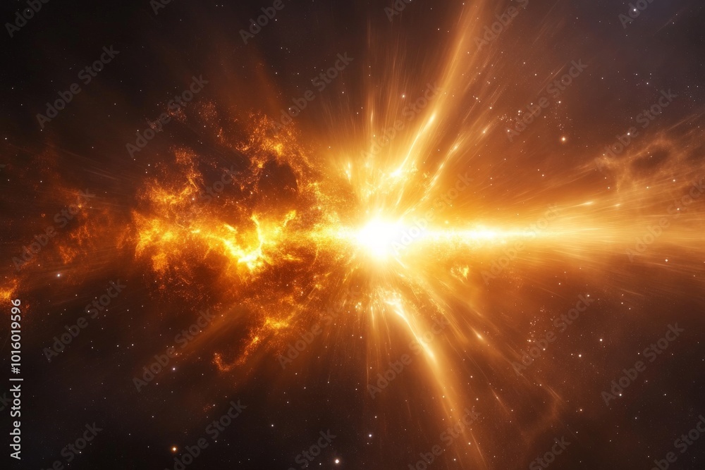 Poster a fiery cosmic explosion casting bright light across the universe, depicting the intensity, power, a