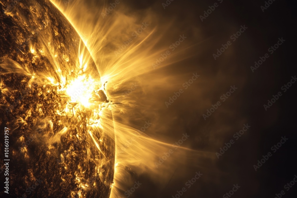 Poster a vibrant solar flare extends from the surface of a star, showcasing the powerful and awe-inspiring 