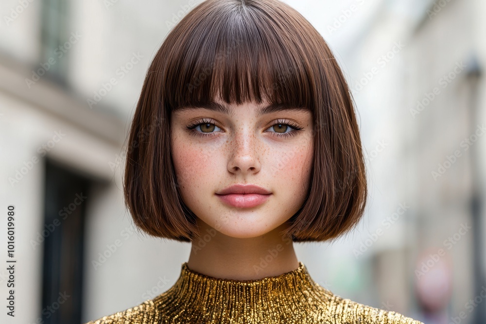 Sticker close-up portrait of a young woman with brown hair and freckles