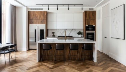 Modern kitchen with white cabinets, marble countertops, and a large island with bar stools.